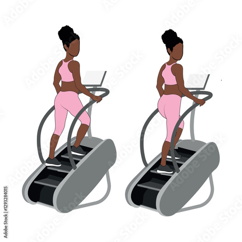 Black Female Character doing the stairmaster exercise in pink clothing