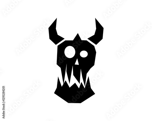 A minimalistic black icon of an orc skull with horns and a barbaric grin, symbolizing fantasy warlords, Gothic creatures, and savage battles.