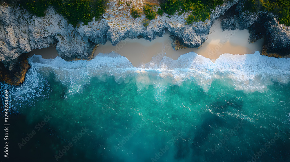 A captivating drone photography showcasing a beach with polished black stones and emerald-green water, where the interplay of light and shadow creates a stunning visual effect.