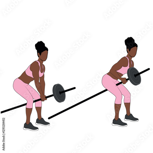 Black Female Character performing T Bar Rows exercise in pink clothing
