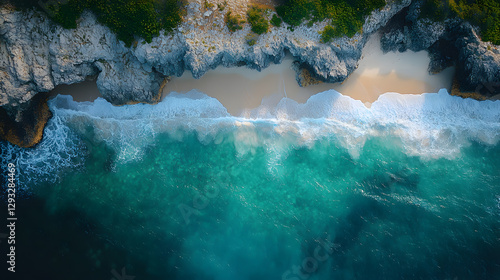 Obraz na płótnie A captivating drone photography showcasing a beach with polished black stones and emerald-green water, where the interplay of light and shadow creates a stunning visual effect. w salonie