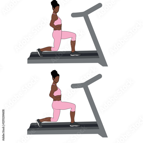 A Black African woman in pink clothing doing lunges on a treadmill exercise. Flat vector illustration isolated on white background.