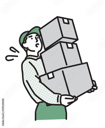 シンプル　イラスト　荷物が重くて疲れている配達員の男性