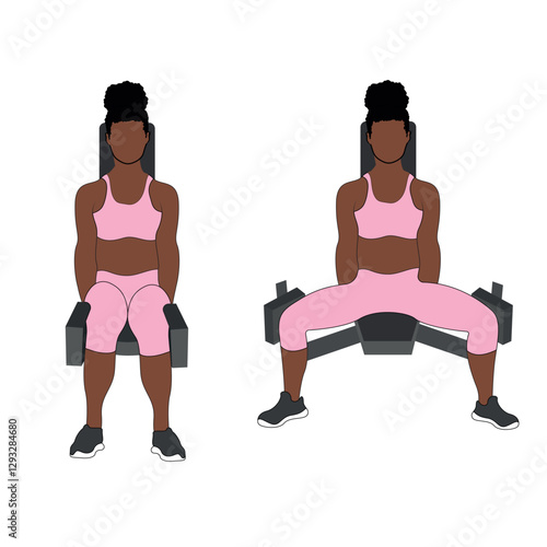A Black African woman in pink clothing hip adductors exercise. Flat vector illustration isolated on white background.