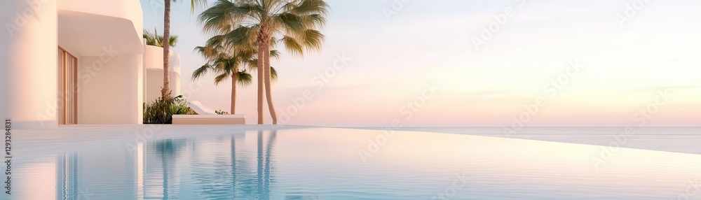 Fototapeta premium Luxury summer villa with an infinity pool, reflecting the golden hour sky, palm trees swaying gently in the warm breeze