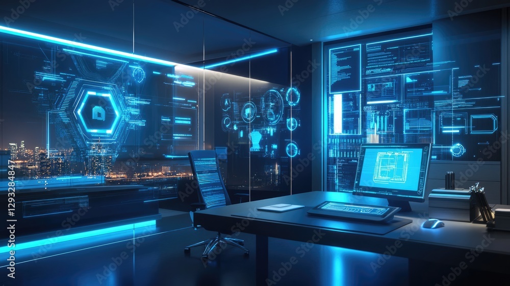 Futuristic Office with Holographic Displays and City View Futuristic Office with Holographic Displays and City View
