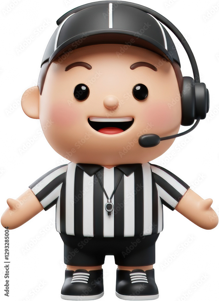 Cheerful 3D Cartoon Referee with Headset Striped Shirt Whistle Sport Official Illustration Cheerful 3D Cartoon Referee with Headset Striped Shirt Whistle Sport Official Illustration