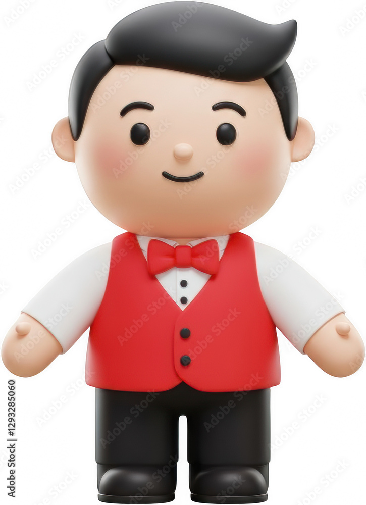 Friendly Cartoon Waiter Character 3D Render Red Vest Bow Tie Smiling Friendly Cartoon Waiter Character 3D Render Red Vest Bow Tie Smiling