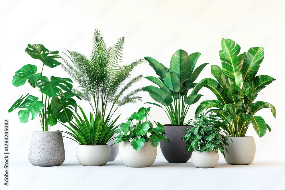 A realistic 3D-rendered collection of potted houseplants, featuring various species with lush green foliage, isolated on a white background. A realistic 3D-rendered collection of potted houseplants, featuring various species with lush green foliage, isolated on a white background.