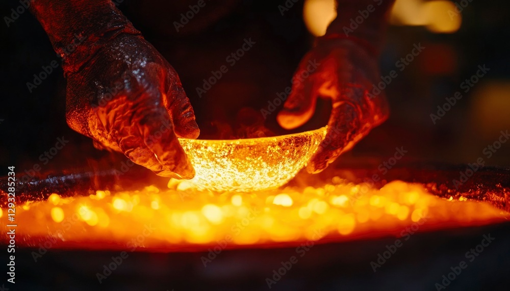 Fototapeta premium Hands shaping molten glass bowl in fiery furnace