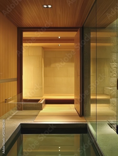 Wooden hallway showcases modern bathroom and relaxation zone