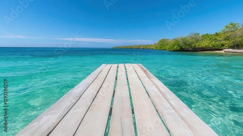 Glistening azure blue ocean with a wooden dock stretching into the distance, beckoning guests to plunge into the pristine water below.