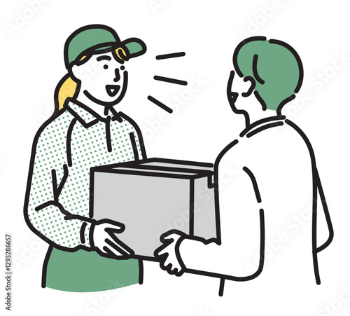 シンプル　イラスト　笑顔で荷物を手渡しする配達員の女性