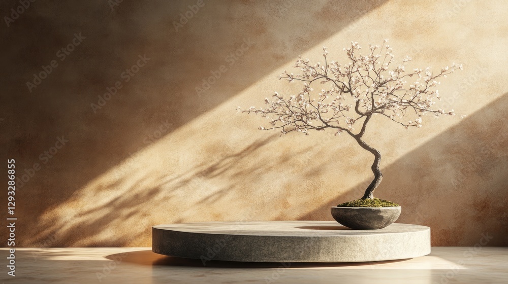 Blooming bonsai tree on a minimalist podium against a textured wall, illuminated by sunlight. Blooming bonsai tree on a minimalist podium against a textured wall, illuminated by sunlight.