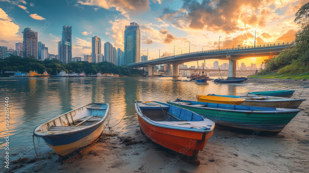 Naklejka premium Boats and sailboats moored at sandy river or bay beach with bridge and oriental cityscape view. Nautical transport at summer landscape with skyscrapers, sky and clouds, Cartoon vector illustration