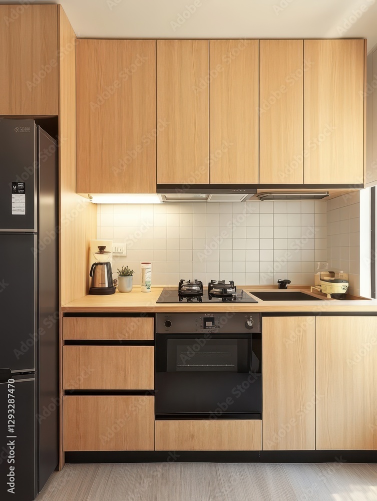 Fototapeta premium Modern minimalist kitchen exhibits light oak wooden cabinetry and stainless steel