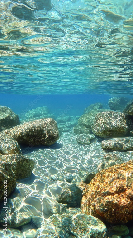 Naklejka premium Underwater rocks forming a unique landscape beneath clear water with sunlight creating beautiful patterns and shadows