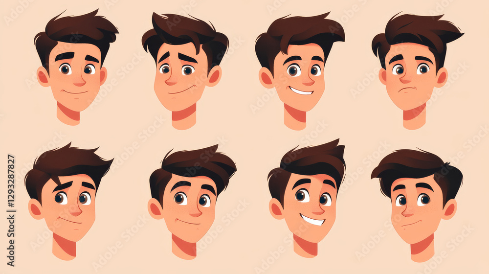 Young oriental man face construction kit. Cartoon vector illustration set of facial parts for creation male avatars with different emotions, noses and eyes, brows and hairstyles. Guy head generator. Young oriental man face construction kit. Cartoon vector illustration set of facial parts for creation male avatars with different emotions, noses and eyes, brows and hairstyles. Guy head generator.