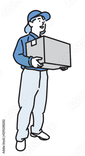 シンプル　イラスト　段ボールを運ぶ笑顔の配達員の女性