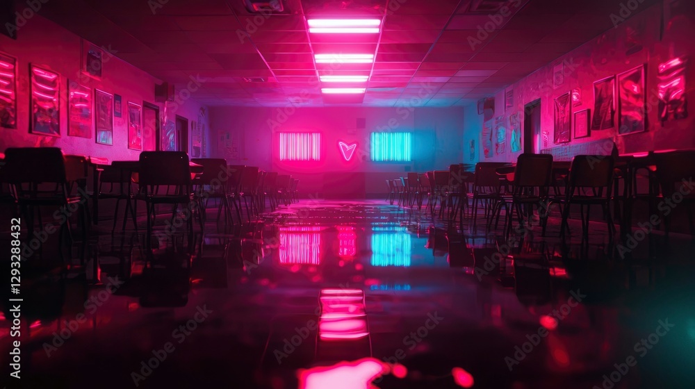 Neon-lit empty classroom at night Neon-lit empty classroom at night