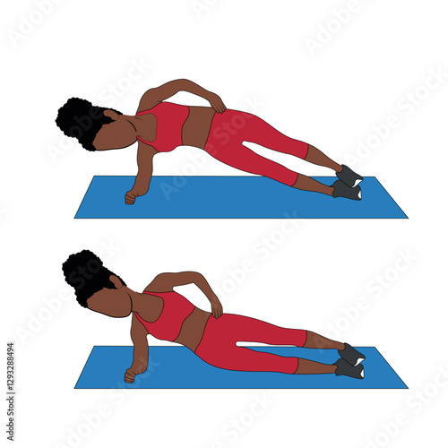 A Black African woman in red clothing doing side plank dips exercise. Flat vector illustration isolated on white background.