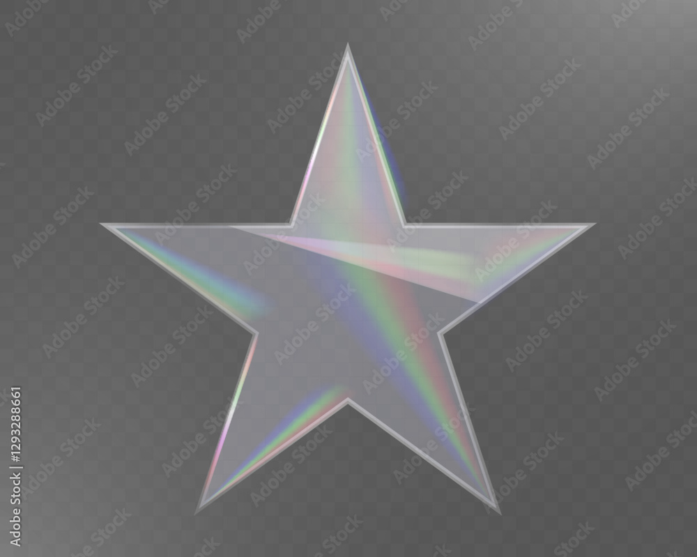Obraz premium Glass star with transparent, reflective surface and iridescent light effects on a checkered background.