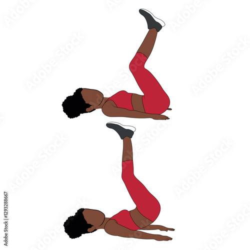 A Black African woman in red clothing doing reverse crunches exercise. Flat vector illustration isolated on white background.