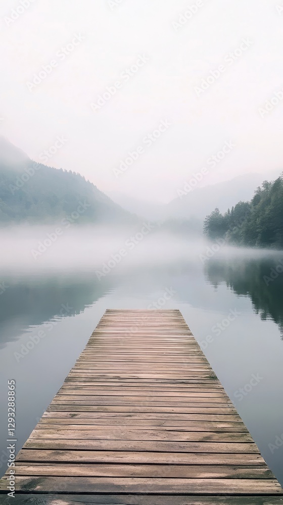 Misty Lake with Wooden Dock - Serene Natural Scenery Misty Lake with Wooden Dock - Serene Natural Scenery
