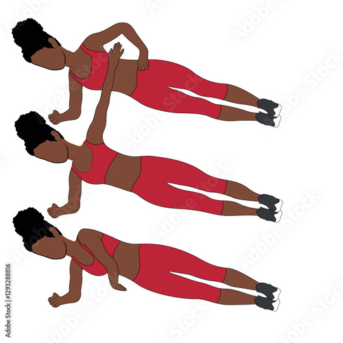 A Black African woman in red clothing doing twisting side planks exercise. Flat vector illustration isolated on white background.