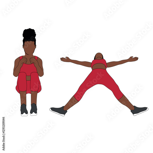 A Black African woman in red clothing doing torture tucks crunches exercise. Flat vector illustration isolated on white background.