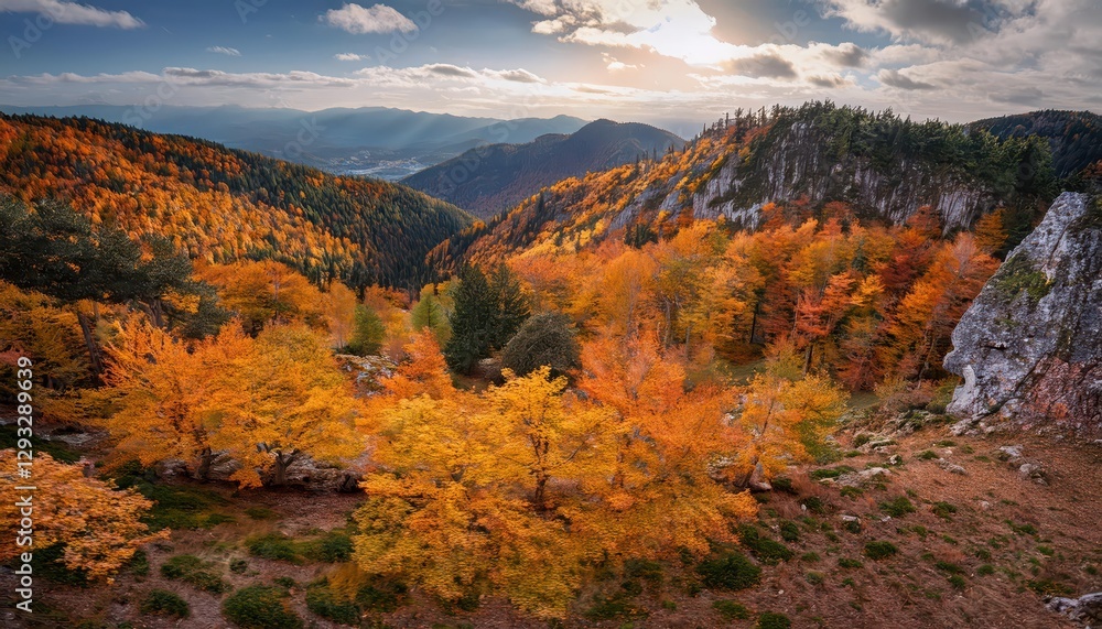 Vibrant Autumn Forest A Spectacular Display of Colors Amidst Mountainous Majesty, with the Rustling Leaves Whispering a Symphony of Natures Grandeur.