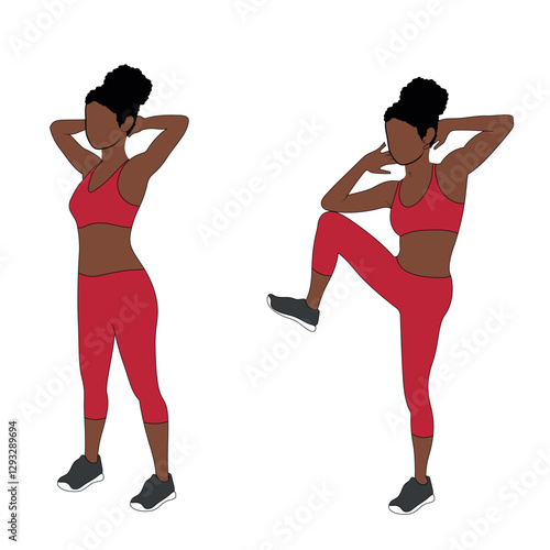 A Black African woman in red clothing doing standing obliques crunches exercise. Flat vector illustration isolated on white background.
