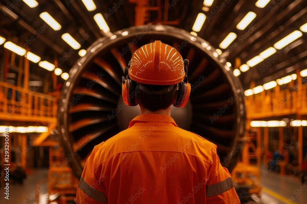 Fototapeta premium Engineer Inspects Massive Turbine Engine in Illuminated Factory