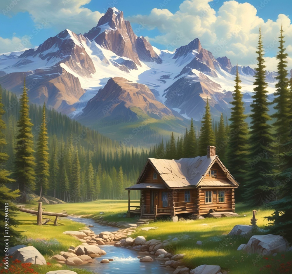 Fototapeta premium Wild landscape with stunning view and woden cottage.