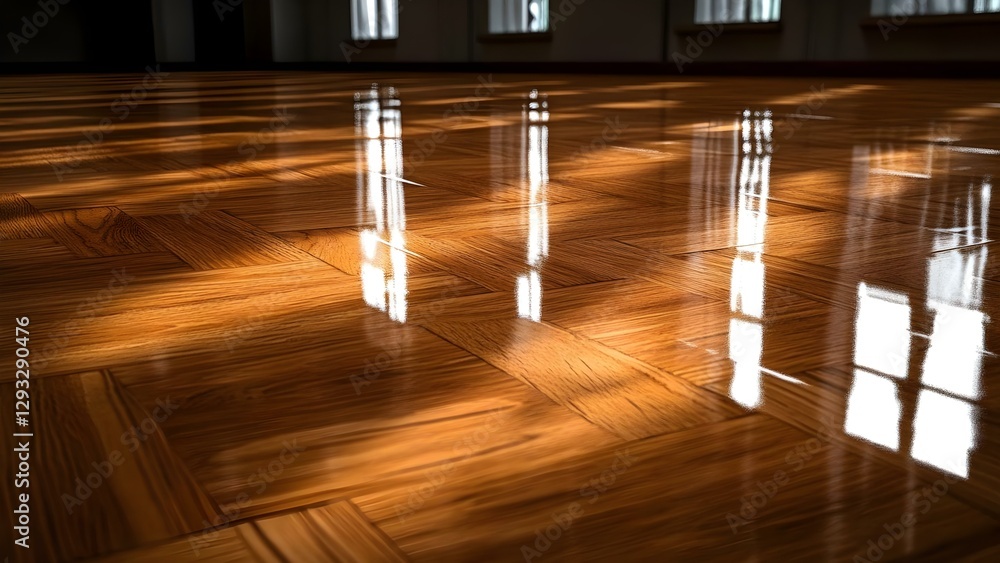 A polished wooden floor reflecting light, creating a warm and inviting ambiance in a room. Concept Polished Wooden Floor, Reflective Light, Warm Ambiance, Inviting Room Design A polished wooden floor reflecting light, creating a warm and inviting ambiance in a room. Concept Polished Wooden Floor, Reflective Light, Warm Ambiance, Inviting Room Design