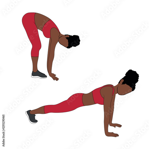 A Black African woman in red clothing doing walkouts exercise. Flat vector illustration isolated on white background.