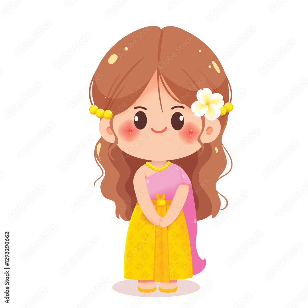 Cute Thai Girl Smiling in Traditional Dress Cartoon Illustration Cute Thai Girl Smiling in Traditional Dress Cartoon Illustration
