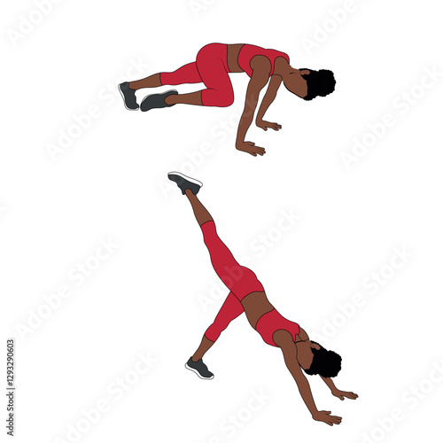 A Black African woman in red clothing doing mountain climber to kickout exercise. Flat vector illustration isolated on white background.