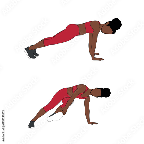 A Black African woman in red clothing doing plank toe touches exercise. Flat vector illustration isolated on white background.