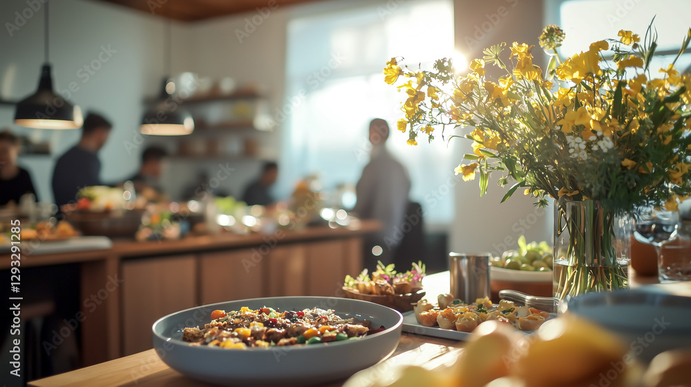 Bright, sunny gathering with food on display and a bouquet of yellow flowers, creating a warm and welcoming atmosphere. Bright, sunny gathering with food on display and a bouquet of yellow flowers, creating a warm and welcoming atmosphere.