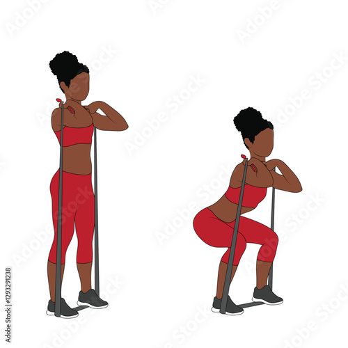 A Black African woman in red clothing doing lateral banded walks exercise with a resistance band. Flat vector illustration isolated on white background.