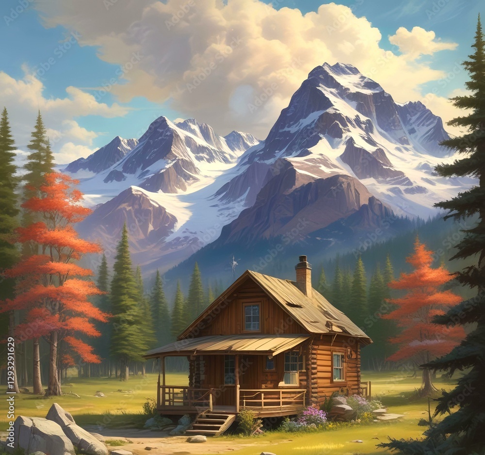 Fototapeta premium Wild landscape with stunning view and woden cottage.