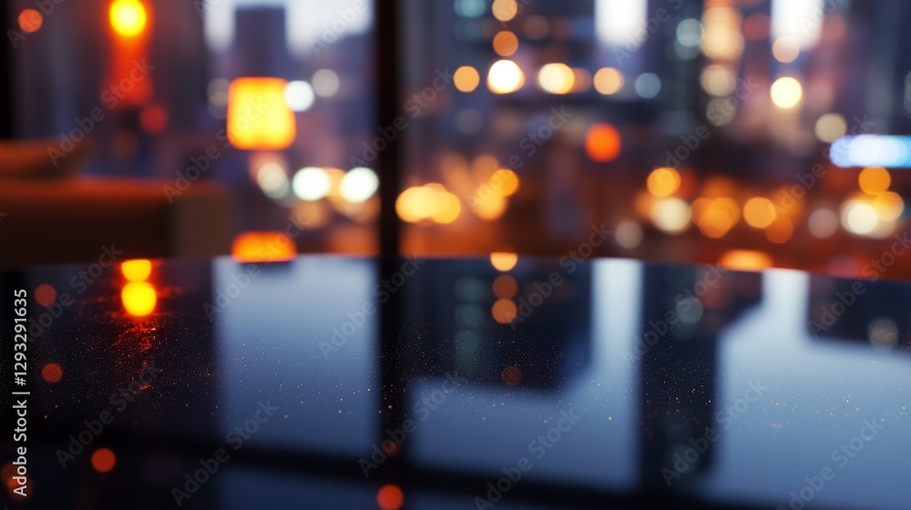 Obraz premium Dark Table Reflection: City Lights Bokeh Glow 