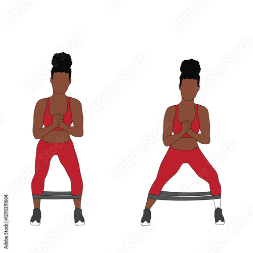 A Black African woman in red clothing doing lateral banded walks exercise with a resistance band. Flat vector illustration isolated on white background