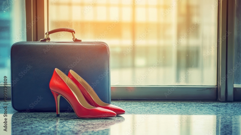 Fototapeta premium Red High Heels Beside a Vintage Suitcase in Bright Window Light