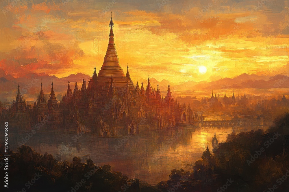 Fototapeta premium Shwedagon Pagoda at Sundown: Ancient Temple in Myanmar's Yangon