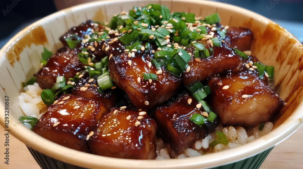 Glazed Meat Cubes on Rice: Sesame, Green Onions, and Rich Sauce Glazed Meat Cubes on Rice: Sesame, Green Onions, and Rich Sauce