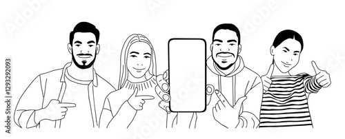Business team members holding big phone, pointing to the empty screen. Digital marketing and ads concept. Mobile app phone mockup. Sketch style hand dawn vector illustration on transparent background