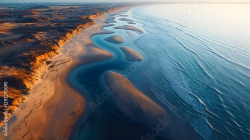Obraz na płótnie A scenic aerial photography of a sandy beach interspersed with flat stones, the tide forming small pools of water that reflect the sky and create intricate patterns on the shore. w salonie