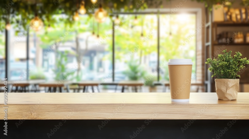 Cozy Coffee Shop Scene with Cup on Wooden Counter in Daylight Cozy Coffee Shop Scene with Cup on Wooden Counter in Daylight
